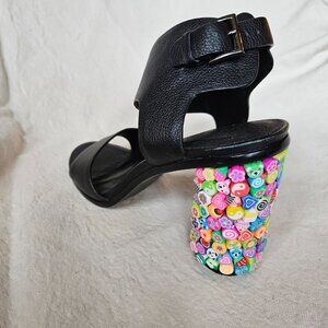 Black Leather Sandals with Rainbow Block Heels